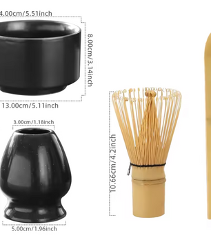 4-delige Japanse Matcha Thee Set – Bamboe Klopper, Lepel, Kom en Keramische Houder, Traditionele Theeceremonie Accessoires