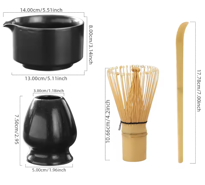 4-delige Japanse Matcha Thee Set – Bamboe Klopper, Lepel, Kom en Keramische Houder, Traditionele Theeceremonie Accessoires