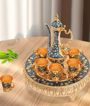 7-delige Luxe Theeset – Theepot met 6 Kopjes, Europees Design van Metaal, Stijlvol en Duurzaam