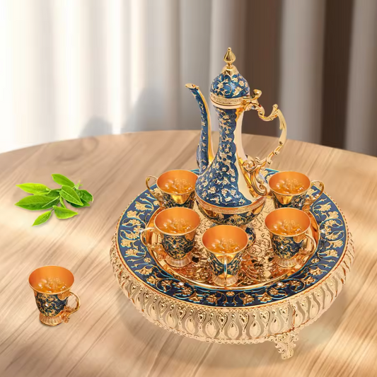 7-delige Luxe Theeset – Theepot met 6 Kopjes, Europees Design van Metaal, Stijlvol en Duurzaam