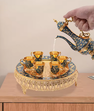 7-delige Luxe Theeset – Theepot met 6 Kopjes, Europees Design van Metaal, Stijlvol en Duurzaam