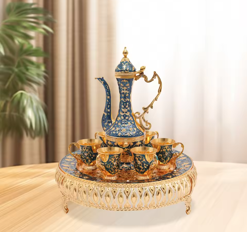 7-delige Luxe Theeset – Theepot met 6 Kopjes, Europees Design van Metaal, Stijlvol en Duurzaam