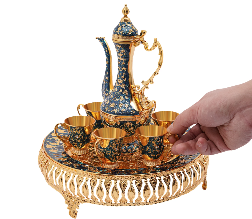 7-delige Luxe Theeset – Theepot met 6 Kopjes, Europees Design van Metaal, Stijlvol en Duurzaam