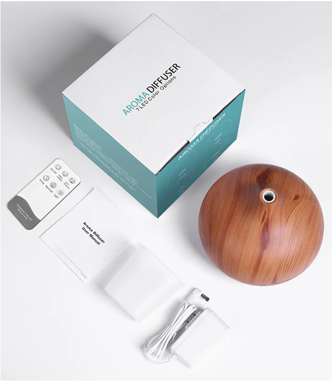 Aroma Diffuser 500ml met Afstandsbediening – Ultrasonische Luchtbevochtiger met Houtlook en LED Verlichting