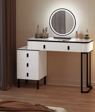 Kaptafel met LED Spiegel en Kruk – Make-up Tafel met 5 Lades en Kast