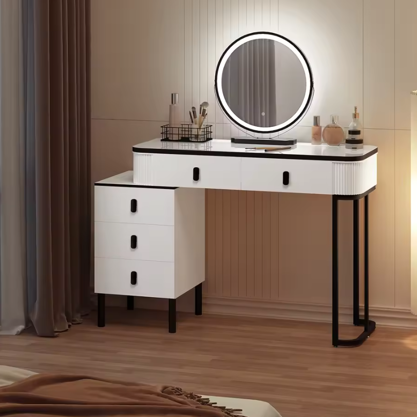 Kaptafel met LED Spiegel en Kruk – Make-up Tafel met 5 Lades en Kast