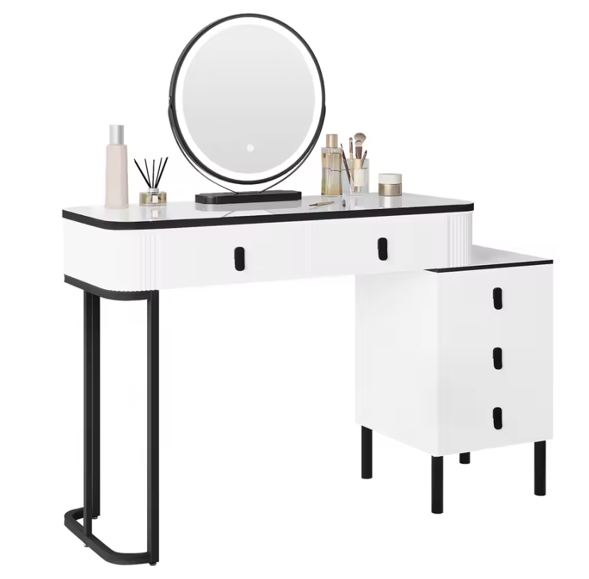 Kaptafel met LED Spiegel en Kruk – Make-up Tafel met 5 Lades en Kast
