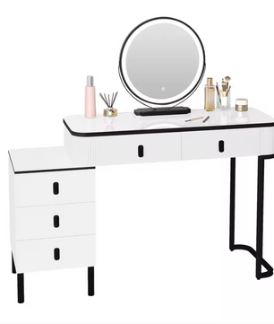 Kaptafel met LED Spiegel en Kruk – Make-up Tafel met 5 Lades en Kast