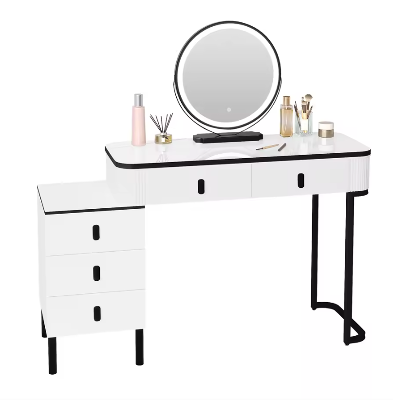 Kaptafel met LED Spiegel en Kruk – Make-up Tafel met 5 Lades en Kast