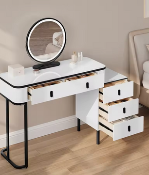 Kaptafel met LED Spiegel en Kruk – Make-up Tafel met 5 Lades en Kast