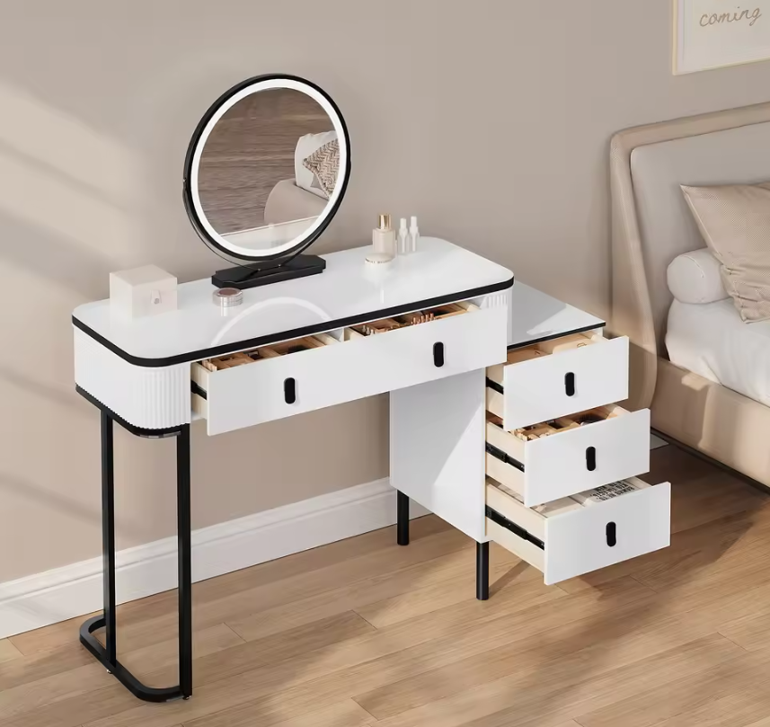 Kaptafel met LED Spiegel en Kruk – Make-up Tafel met 5 Lades en Kast
