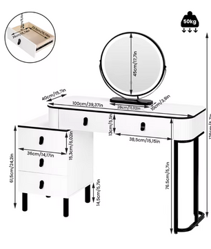 Kaptafel met LED Spiegel en Kruk – Make-up Tafel met 5 Lades en Kast