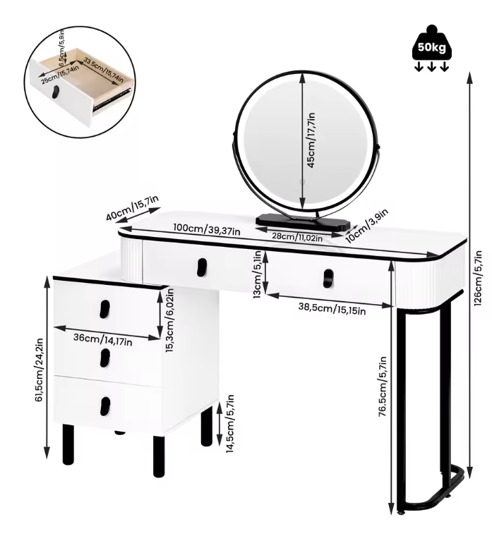 Kaptafel met LED Spiegel en Kruk – Make-up Tafel met 5 Lades en Kast