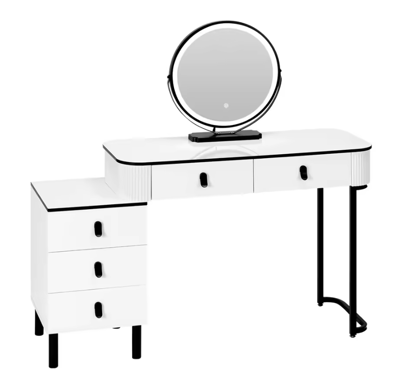 Kaptafel met LED Spiegel en Kruk – Make-up Tafel met 5 Lades en Kast