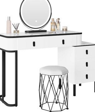 Kaptafel met LED Spiegel en Kruk – Make-up Tafel met 5 Lades en Kast