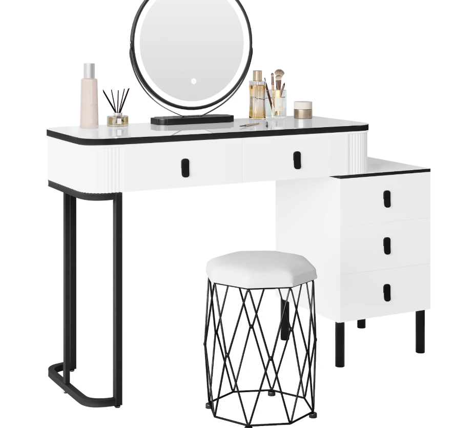 Kaptafel met LED Spiegel en Kruk – Make-up Tafel met 5 Lades en Kast