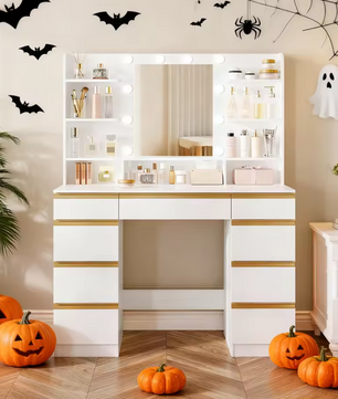 Kaptafel met LED Verlichting en Spiegel – Make-up Tafel met 9 Lades en Opbergrekken