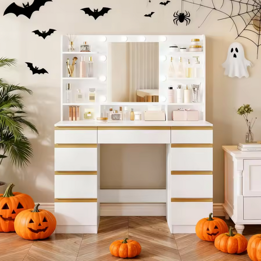 Kaptafel met LED Verlichting en Spiegel – Make-up Tafel met 9 Lades en Opbergrekken