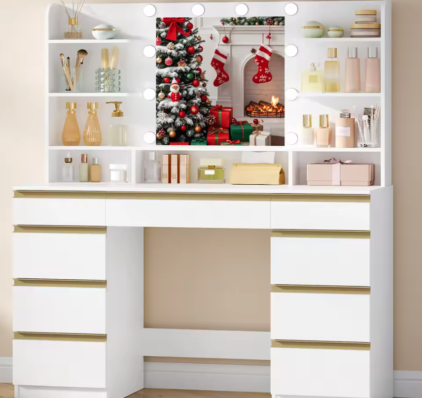 Kaptafel met LED Verlichting en Spiegel – Make-up Tafel met 9 Lades en Opbergrekken