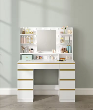 Kaptafel met LED Verlichting en Spiegel – Make-up Tafel met 9 Lades en Opbergrekken