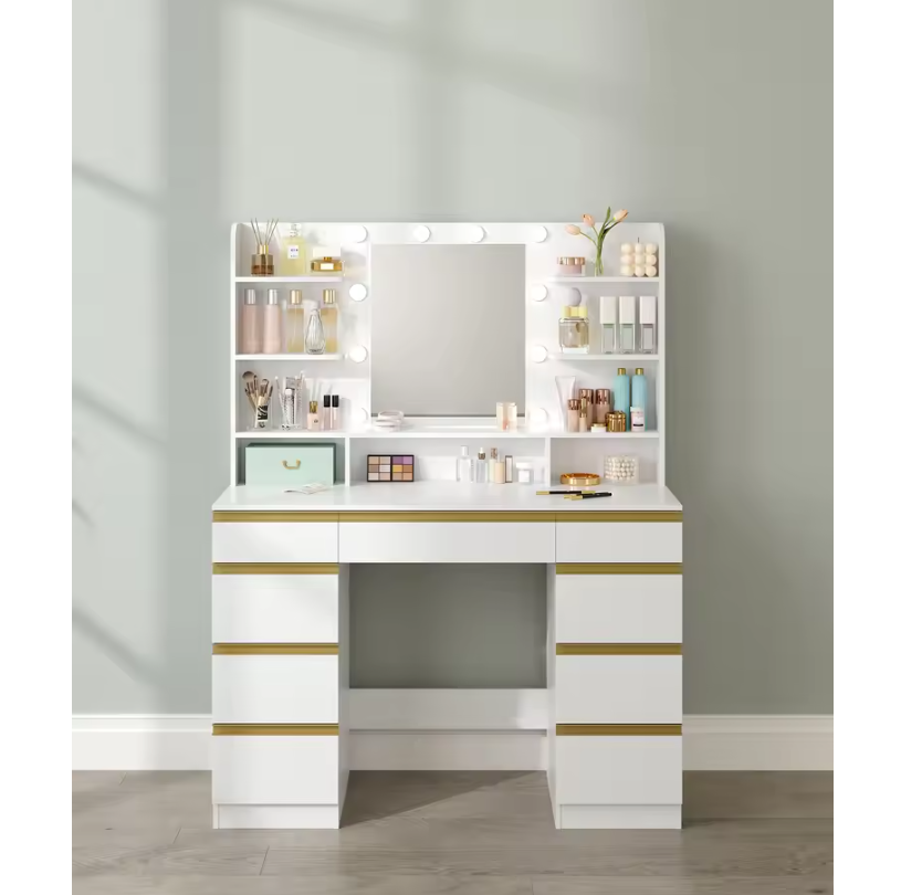 Kaptafel met LED Verlichting en Spiegel – Make-up Tafel met 9 Lades en Opbergrekken