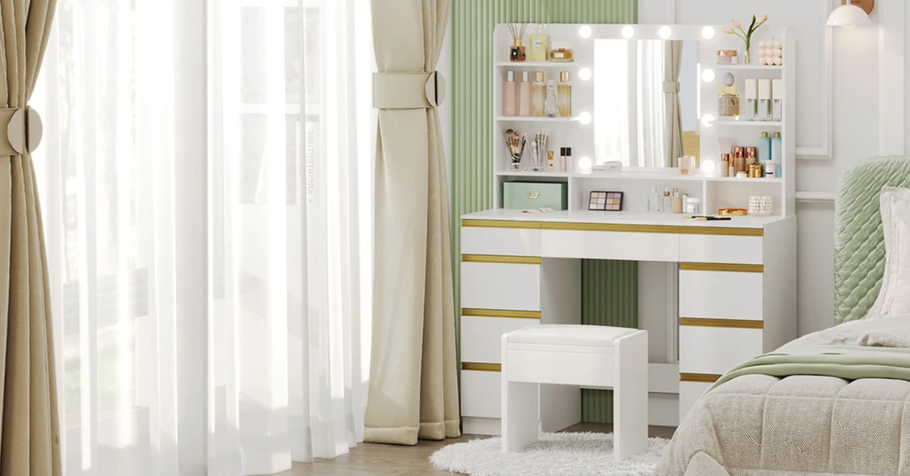 Kaptafel met LED Verlichting en Spiegel – Make-up Tafel met 9 Lades en Opbergrekken