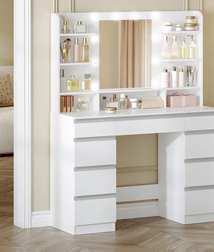Kaptafel met LED Verlichting en Spiegel – Make-up Tafel met 9 Lades en Opbergrekken