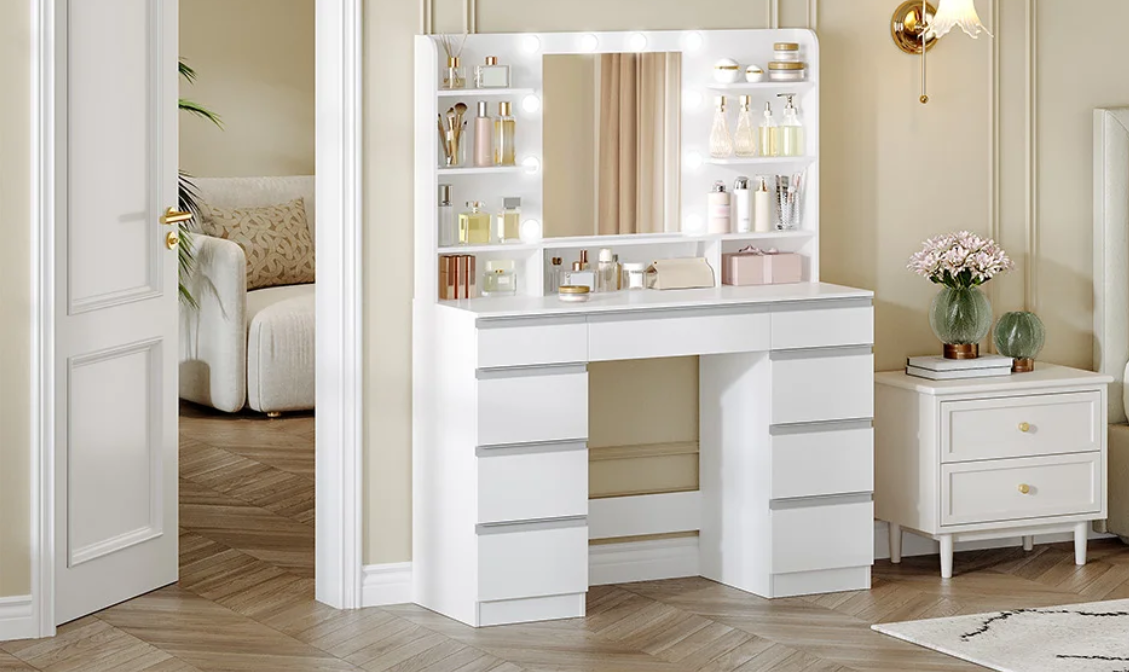 Kaptafel met LED Verlichting en Spiegel – Make-up Tafel met 9 Lades en Opbergrekken