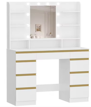 Kaptafel met LED Verlichting en Spiegel – Make-up Tafel met 9 Lades en Opbergrekken