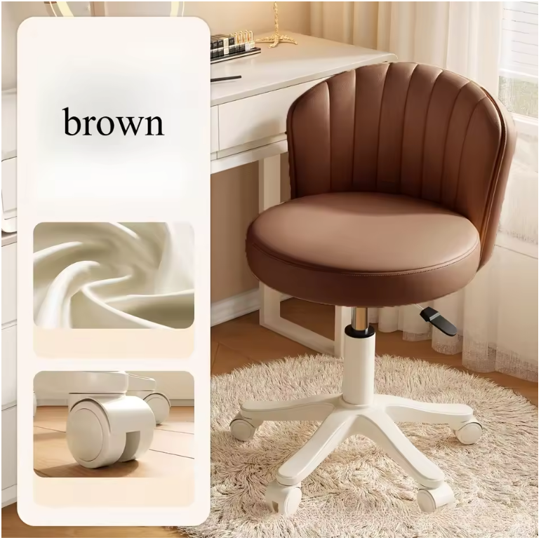 Draaibare Make-up Stoel met Rugleuning – Verstelbare PU Leer Kruk met Wielen