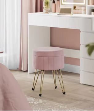 Kaptafel Kruk met Opbergruimte – Fluwelen Make-up Stoel met Metalen Poten