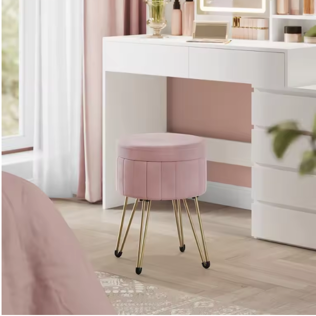Kaptafel Kruk met Opbergruimte – Fluwelen Make-up Stoel met Metalen Poten