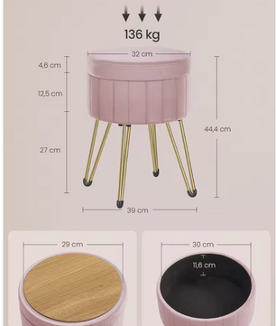 Kaptafel Kruk met Opbergruimte – Fluwelen Make-up Stoel met Metalen Poten