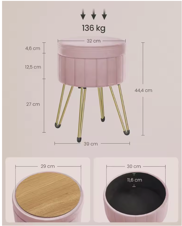Kaptafel Kruk met Opbergruimte – Fluwelen Make-up Stoel met Metalen Poten