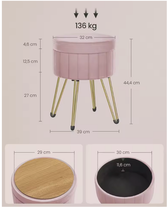 Kaptafel Kruk met Opbergruimte – Fluwelen Make-up Stoel met Metalen Poten