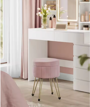 Kaptafel Kruk met Opbergruimte – Fluwelen Make-up Stoel met Metalen Poten