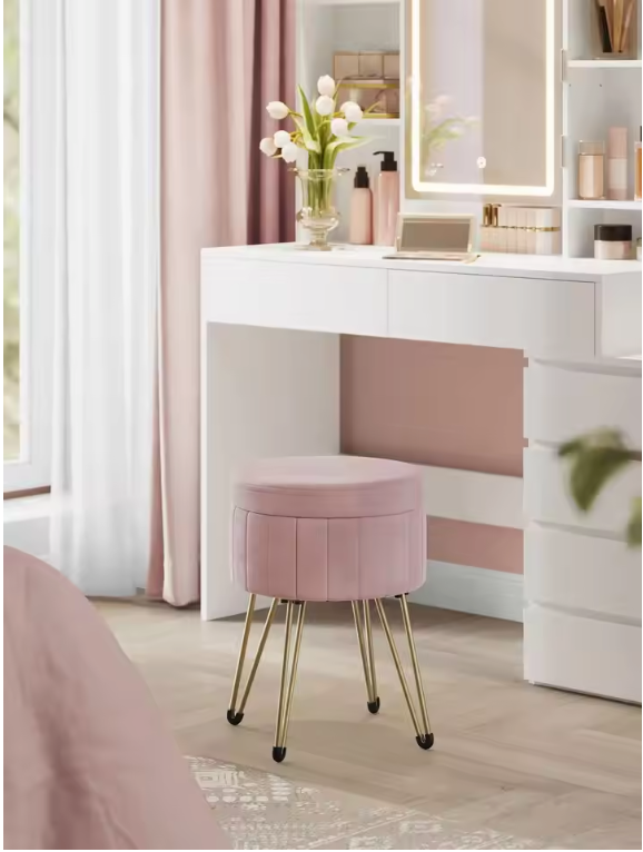 Kaptafel Kruk met Opbergruimte – Fluwelen Make-up Stoel met Metalen Poten