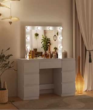 Kaptafel met LED Verlichting en Spiegel – Make-up Tafel met 7 Lades, Modern en Ruim
