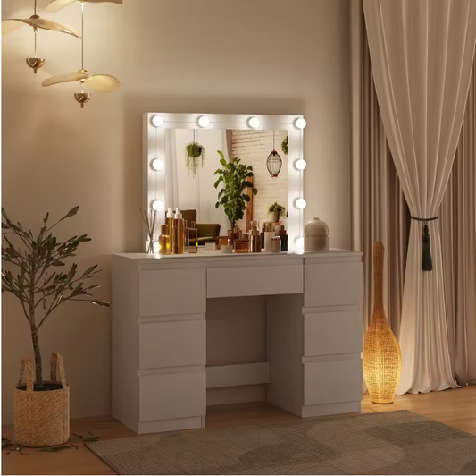 Kaptafel met LED Verlichting en Spiegel – Make-up Tafel met 7 Lades, Modern en Ruim