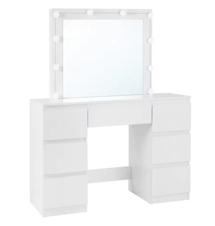 Kaptafel met LED Verlichting en Spiegel – Make-up Tafel met 7 Lades, Modern en Ruim