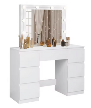 Kaptafel met LED Verlichting en Spiegel – Make-up Tafel met 7 Lades, Modern en Ruim