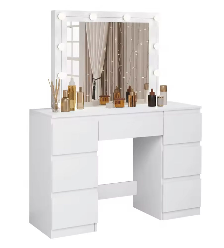 Kaptafel met LED Verlichting en Spiegel – Make-up Tafel met 7 Lades, Modern en Ruim