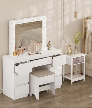 Kaptafel met LED Verlichting en Spiegel – Make-up Tafel met 7 Lades, Modern en Ruim