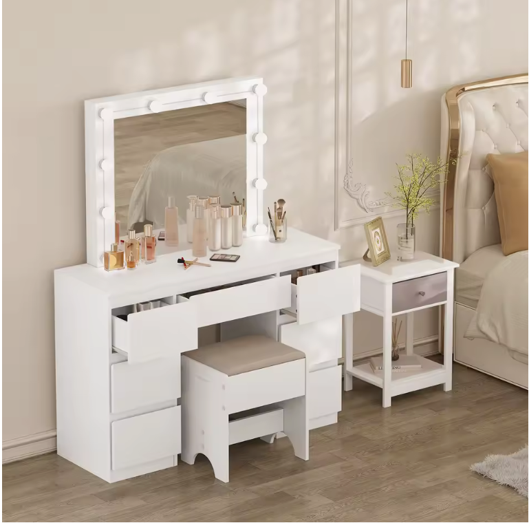 Kaptafel met LED Verlichting en Spiegel – Make-up Tafel met 7 Lades, Modern en Ruim
