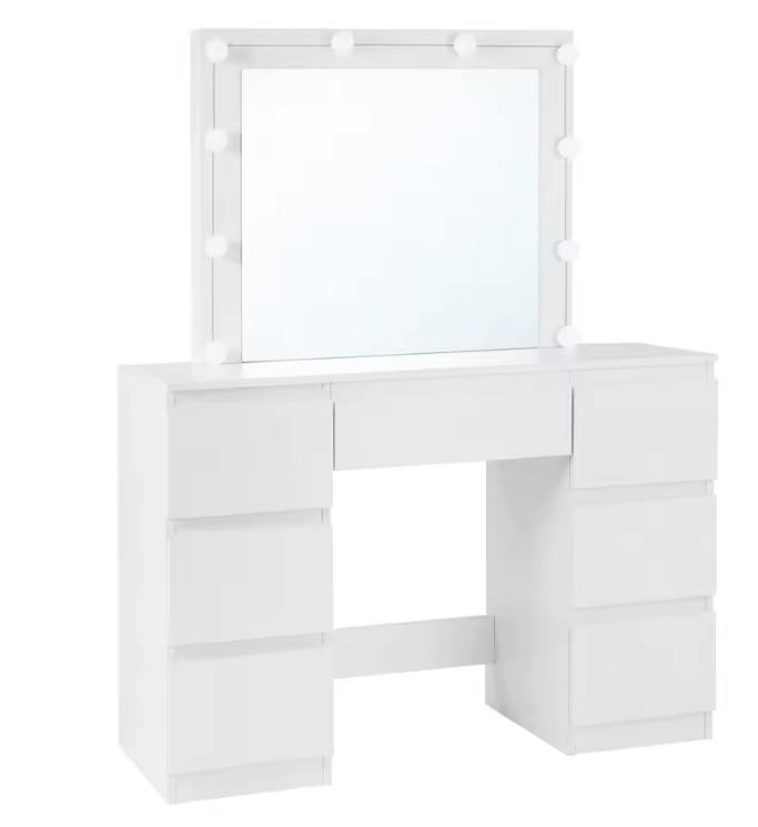 Kaptafel met LED Verlichting en Spiegel – Make-up Tafel met 7 Lades, Modern en Ruim
