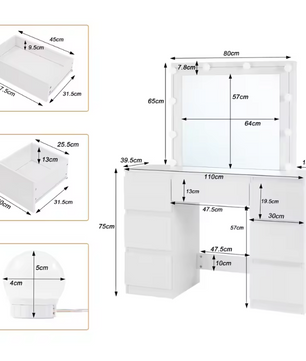 Kaptafel met LED Verlichting en Spiegel – Make-up Tafel met 7 Lades, Modern en Ruim
