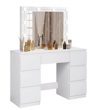 Kaptafel met LED Verlichting en Spiegel – Make-up Tafel met 7 Lades, Modern en Ruim