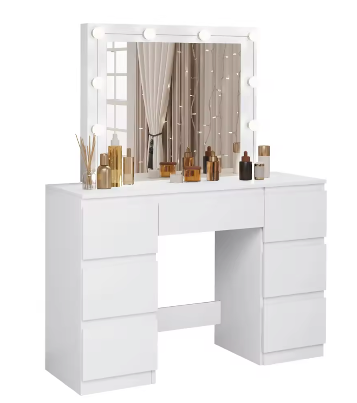 Kaptafel met LED Verlichting en Spiegel – Make-up Tafel met 7 Lades, Modern en Ruim