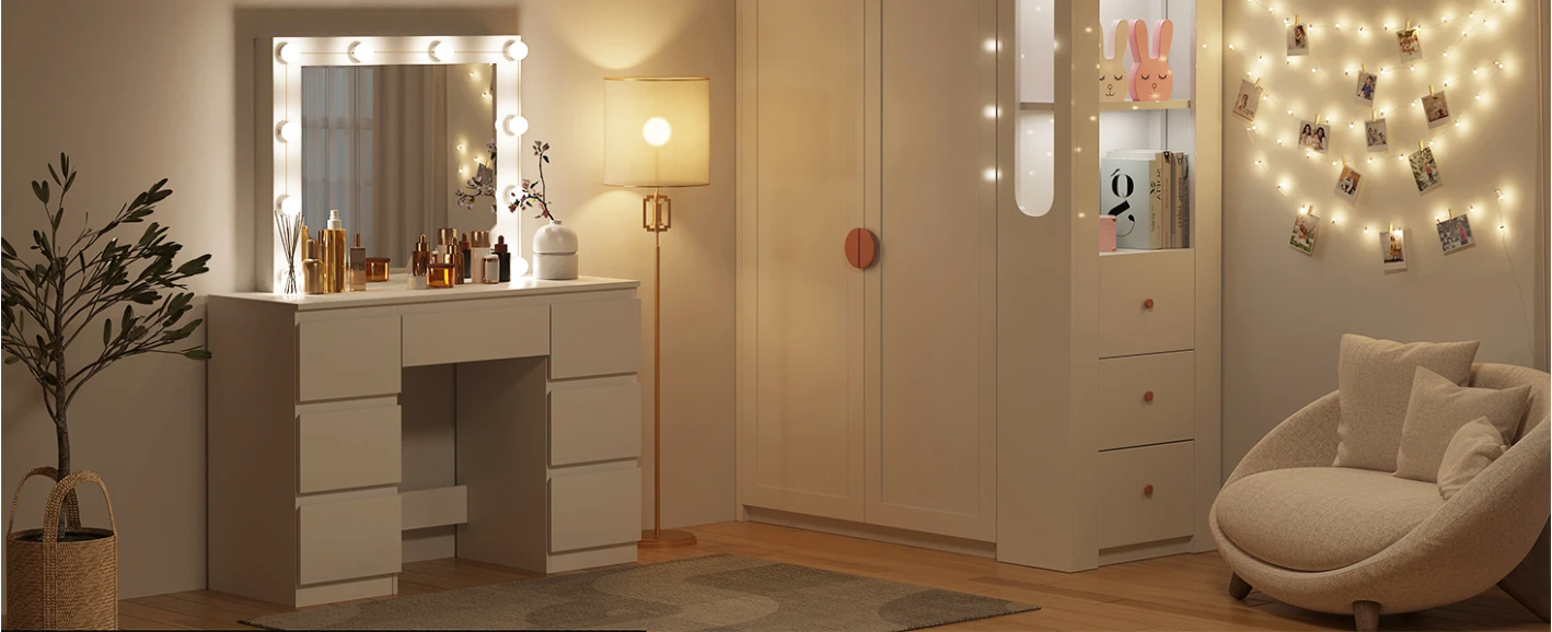 Kaptafel met LED Verlichting en Spiegel – Make-up Tafel met 7 Lades, Modern en Ruim