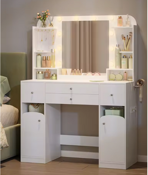 Kaptafel met LED Spiegel en Stopcontact – Make-up Tafel met Opbergruimte en Föhnhouder